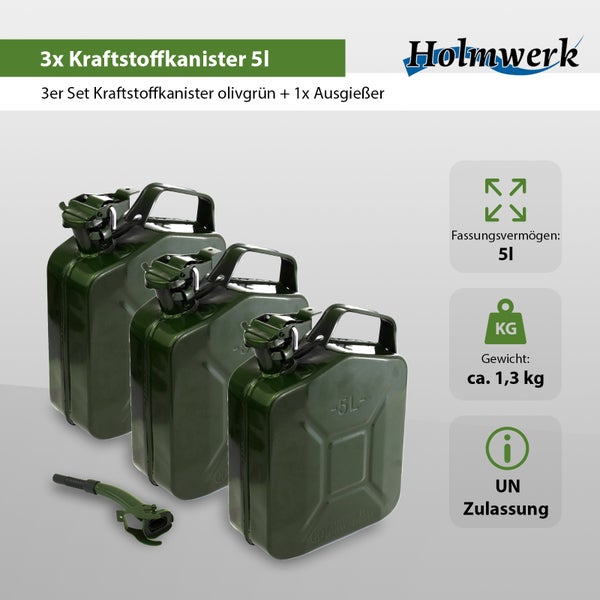 Set aus drei Kraftstoffkanistern mit je 5 Liter Fassungsvermögen und einem Ausgießer von Holmwerk mit UN Zulassung.