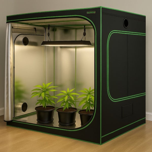 Growbox mit Beleuchtung und Pflanzen