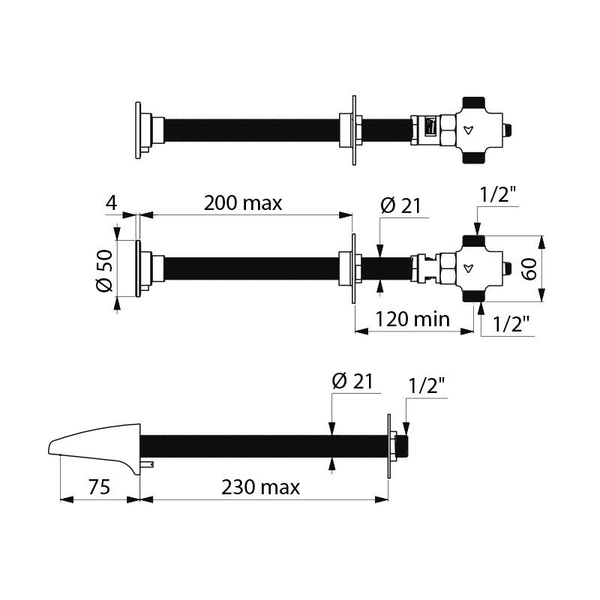 Technische Zeichnung mit Maßen in Millimetern für eine Armatur mit 1/2 Zoll Anschlüssen