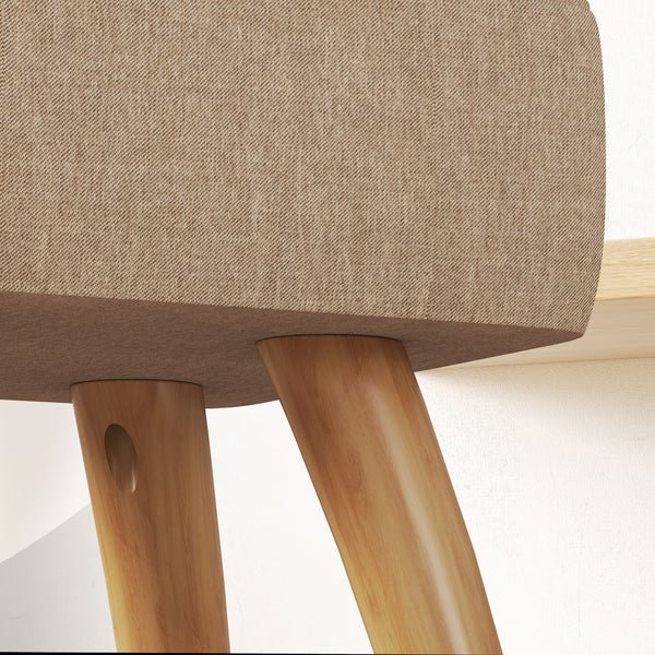 Detailansicht eines Hockers mit Holzbeinen und Stoffbezug