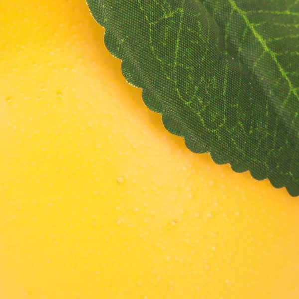 Nahaufnahme einer künstlichen Zitrone mit Blatt