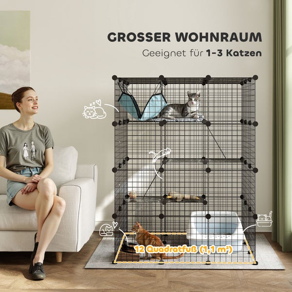Geräumiges Katzengitter mit mehreren Ebenen, Hängematte und Katzenzubehör