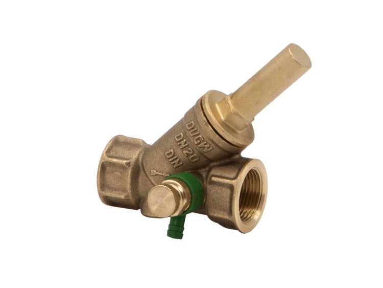 Schrägsitzventil aus Messing DN 20 mit Entleerung, zertifiziert für Wasserinstallationen.