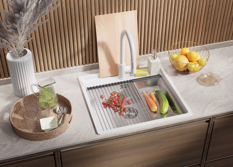 PRIMAGRAN Eckspüle Alles Weiß 56x53cm, Granitspüle 1 Becken + Ablauf-Set + Schneidebrett, Küchenspüle ab 60er Unterschrank - Bergen