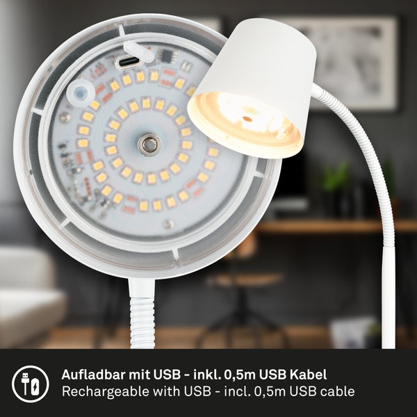 Weiße LED-Schreibtischleuchte mit flexiblem Hals, USB-Anschluss zum Aufladen inklusive 0,5 Meter Kabel und Sicht auf kreisförmige LED-Module.
