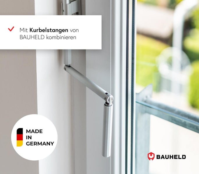 Fensterbeschlag mit Made in Germany Siegel und Hinweis zur Kombination mit Kurbelstangen von Bauheld