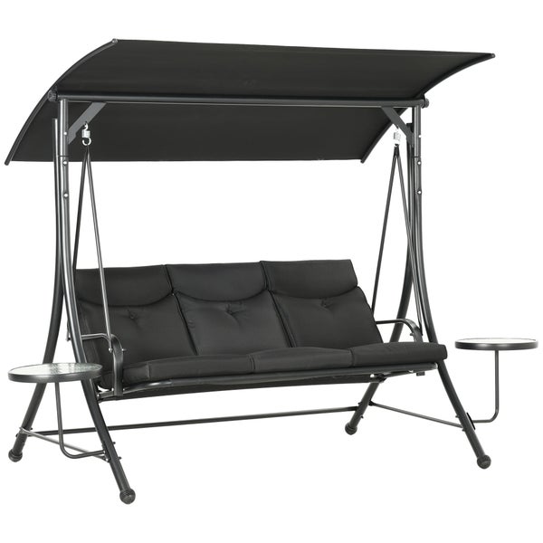 Outsunny Hollywoodschaukel mit Couchtische, 3-Sitzer Gartenschaukel mit verstellbarem Sonnendach, Schaukelbank belast bis 300kg, für Garten, Terrasse, 278 x 135 x 177 cm, Schwarz