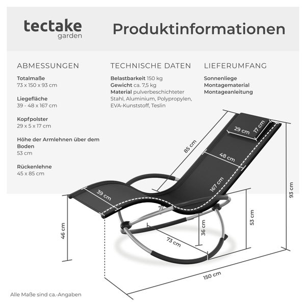 tectake garden Logo, Produktinformationen zur Gartenliege: 150 Kilogramm Belastbarkeit, Maße circa 73 mal 150 mal 93 Zentimeter.