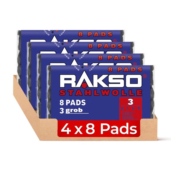 Rakso Stahlwolle Pads Stärke 3 grob, 4 Packungen mit je 8 Stück.