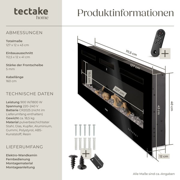 Produktinformationen für einen elektrischen Wandkamin mit Maßen, technischen Daten und Lieferumfang