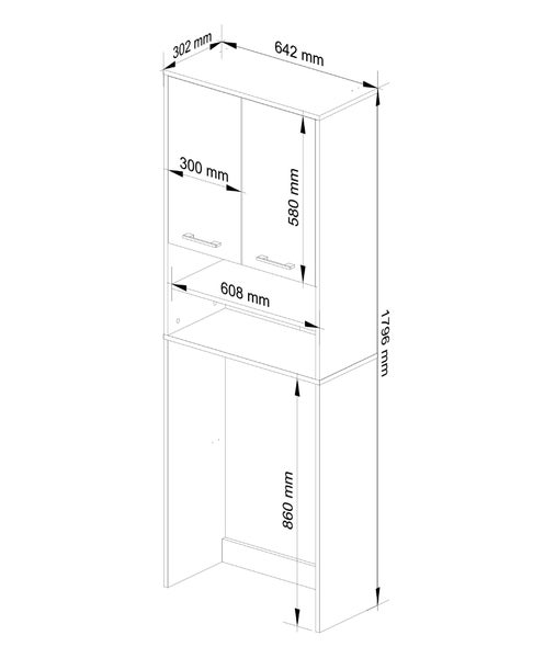 Abmessungen des Schranks: 1796 Millimeter Höhe, 642 Millimeter Breite und 302 Millimeter Tiefe