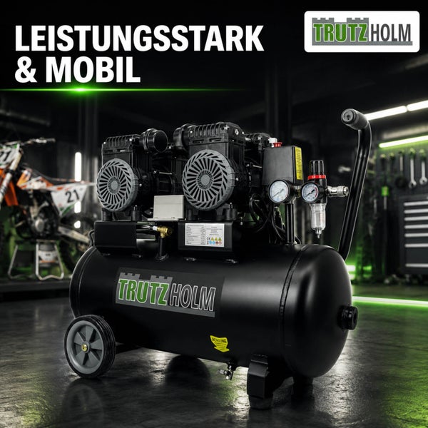 Leistungsstarker, mobiler Trutzholm Druckluftkompressor mit zwei Motoreinheiten und Manometern in einer hellen Werkstatt. Trutzholm Logo.