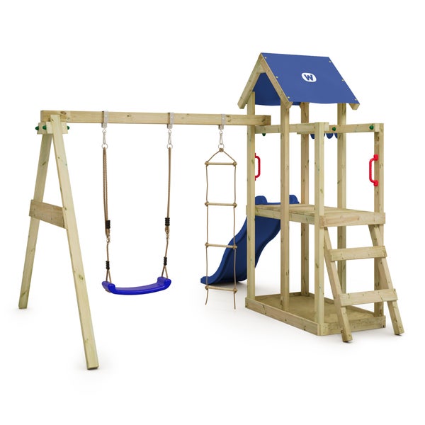 WICKEY Spielturm Klettergerüst TinyPlace mit Schaukel und Rutsche, Kletterturm mit Sandkasten, Leiter und Spiel-Zubehör - blau
