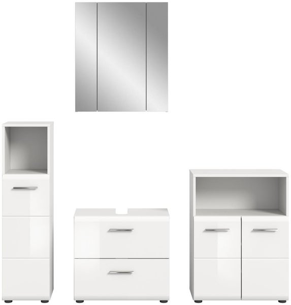 Badezimmermöbel-Set in Weiß mit dreitürigem Spiegelschrank, Waschbeckenunterschrank und zwei Beistellschränken mit silberfarbenen Griffen.