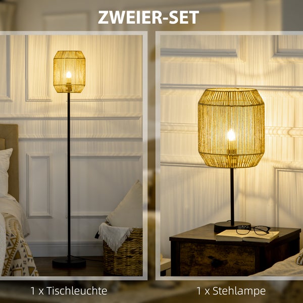 HOMCOM 2er-Stehlampenset mit 1 Tischleuchte, 1 Stehlampe, Stehleuchte und Tischlampe Set mit E27 Sockel, Leinen-Lampenschirm für Wohnzimmer, Schlafzimmer, Natur