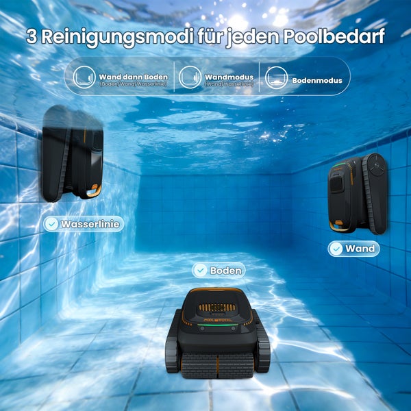 Poolroboter von Pool Royal im gefliesten Schwimmbecken mit drei Reinigungsmodi für Boden, Wand und Wasserlinie.
