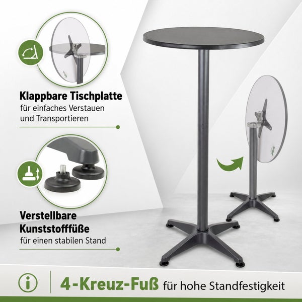 Runder Bistrotisch mit klappbarer Tischplatte und vier verstellbaren Kunststofffüßen für stabilen Stand.
