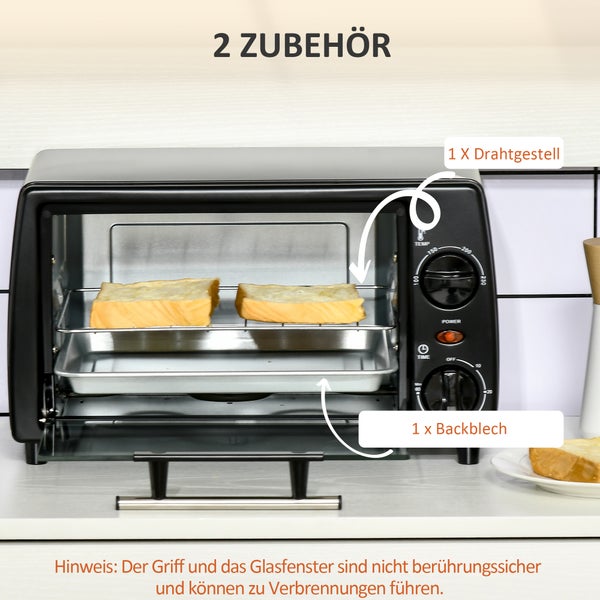 HOMCOM Mini Backofen, 10 Liter, 750W, mit Temperatur bis zu 230 ℃, Timer 60 Minuten, 36,5x26x22 cm, Metall, Schwarz