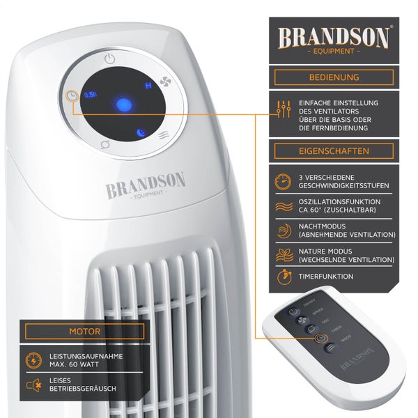 Brandson Turmventilator, Säulenventilator inkl. Fernbedienung, osziellierend, leise, Ventilator mit Timer & 3 Geschwindigkeiten, Weiß