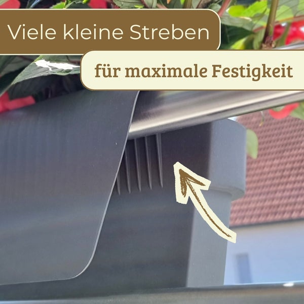 Balkonkasten mit GarPet Logo, integriertem Wasserspeicher und schwarzem Einsatz für heiße Sommertage.