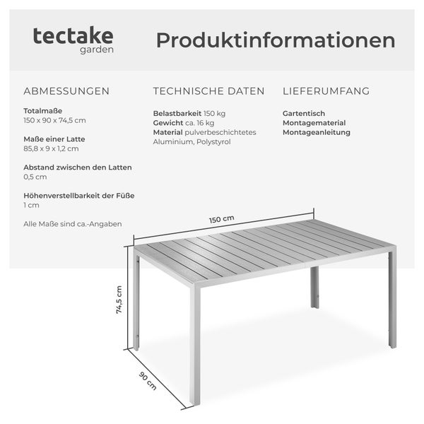 Gartentisch tectake Bianca 150 x 90 x 74,5 cm aus Aluminium und Kunststoff silber/grau