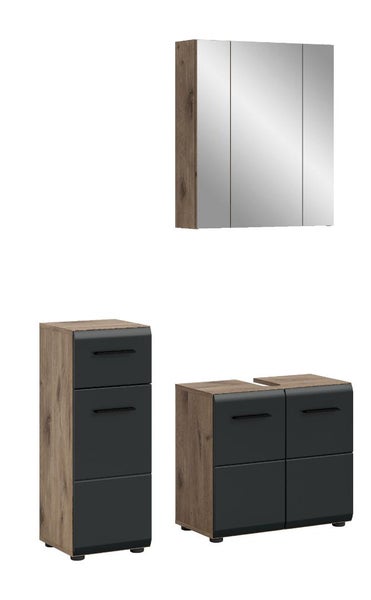 Badezimmermöbel-Set bestehend aus Spiegelschrank, Waschbeckenunterschrank und Beistellschrank in Eiche-Optik mit anthrazitfarbenen Fronten.