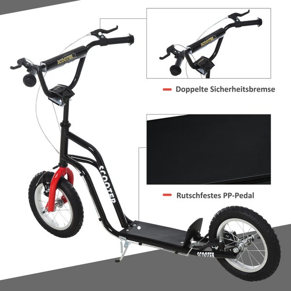 HOMCOM Kinderroller, 120L x 58B x 75-80H cm, Stahl, Aluminium, Gummi, Schwarz