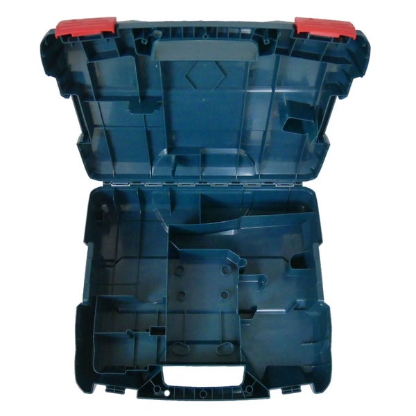 Geöffneter Werkzeugkoffer aus blauem Kunststoff mit verschiedenen Innenfächern.