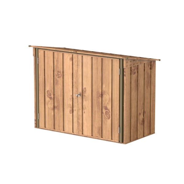 Quadratischer Gartentisch mit Lattenoberfläche und vier Beinen.