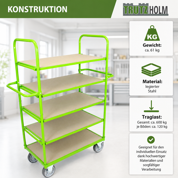 Trutzholm Etagenwagen mit fünf Ebenen aus legiertem Stahl für eine Gesamttraglast von 600 Kilogramm.