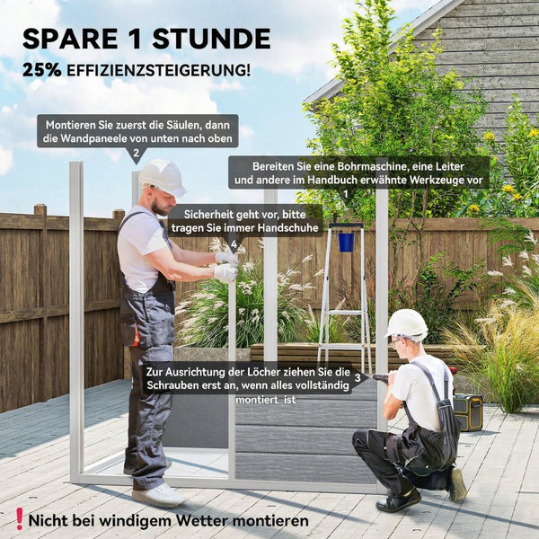 Features des Gerätehauses: Arbeitshandschuhe für die Montage, Pultdach für den Schneeablauf und Eckenschutz zur Vermeidung von Verletzungen.