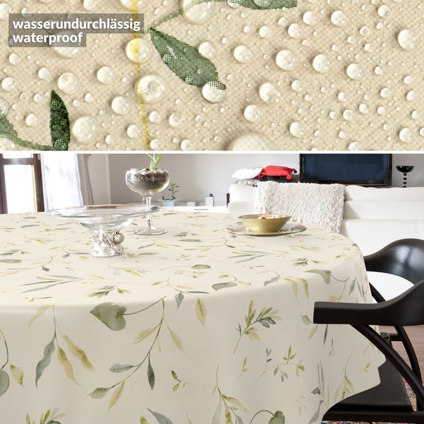 Wasserundurchlässige runde Tischdecke mit Blättermotiv in einem Wohnzimmer und Detailaufnahme von Wassertropfen auf der Oberfläche.