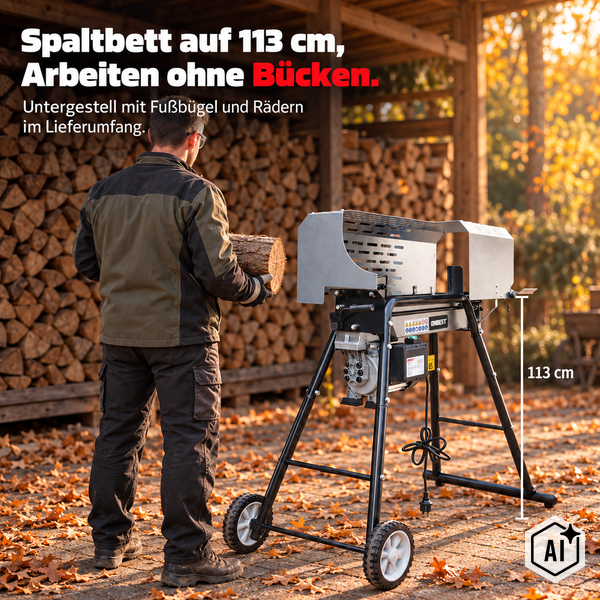 Holzspalter mit Untergestell und Rädern für ergonomisches Arbeiten mit einer Spaltbetthöhe von 113 Zentimetern.