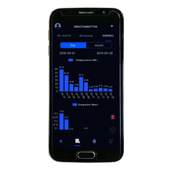 Smartphone zeigt App Oberfläche zur Überwachung von Ladedaten mit Balkendiagrammen für Ladekapazität und Ladezeit an.