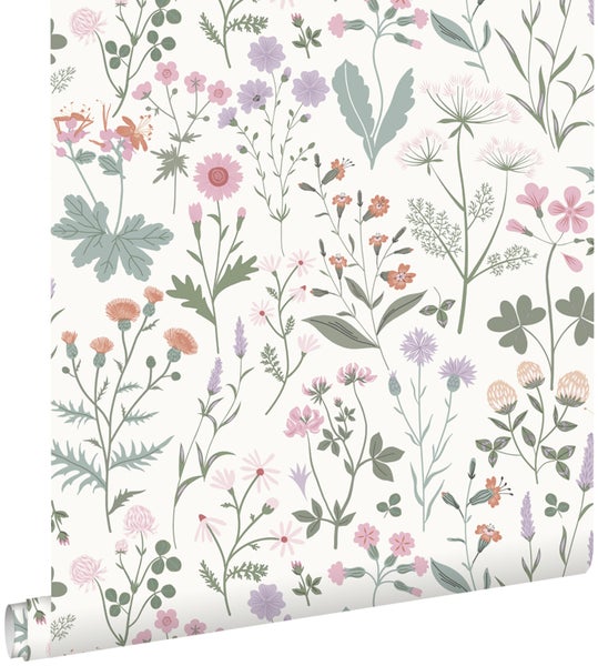 ESTAhome Tapete Feldblumen Violett, Rosa und Grün - 0.53 x 10.05 m - 139482