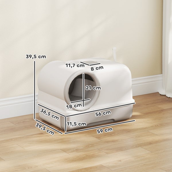 Geschlossene Katzentoilette mit Maßen: 59 Zentimeter breit, 39,5 Zentimeter tief und 39,5 Zentimeter hoch. Eingang misst 21 mal 18 Zentimeter.