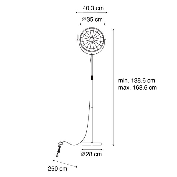 Technische Zeichnung eines Standventilators mit den Maßangaben.