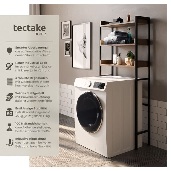 Tectake Home Überbauregal mit drei Ablagen aus Holzoptik und schwarzem Stahlgestell, aufgestellt über einer Waschmaschine im Badezimmer.