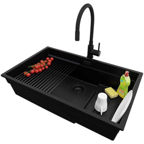 PRIMAGRAN Granitspüle Alles Schwarz 76x47cm, Spülbecken 1 Becken + Küchenarmatur 40x38cm + Ablauf-Set + Aufrollbare Abtropffläche, Küchenspüle ab 80er Unterschrank - Praga Slim