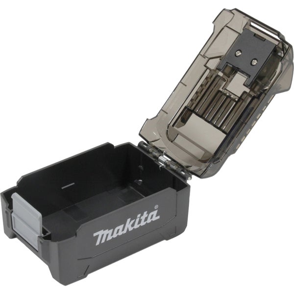 Offene Makita Aufbewahrungsbox für Zubehör aus Kunststoff mit transparentem Deckel und Makita Logo.
