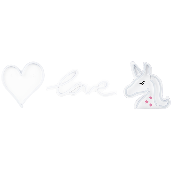 LED Neon Wandleuchten Set bestehend aus Herz, Schriftzug love und Einhornkopf.