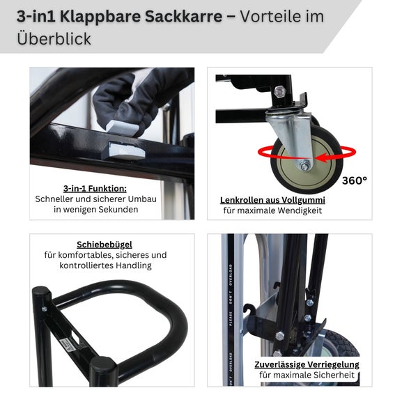 Infografik der 3-in-1 klappbaren Sackkarre mit Details zu Umbaufunktion, 360 Grad Lenkrollen aus Vollgummi, Schiebebügel und Verriegelung.