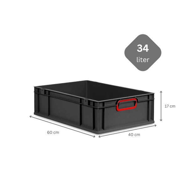 PROREGAL SuperSparSet 5x Eurobox NextGen Color mit Scharnierdeckel und Schiebeschnappverschlüssen, HxBxT 17x40x60cm, 34 Liter, Schwarz, Griffe rot geschlossen, Eurobehälter, Transportbox, Transportbehälter, Stapelbehälter