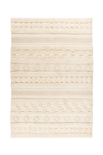 Strukturierter Teppich in Beige mit geometrischen Mustern wie Rauten und Quadraten sowie Hoch-Tief-Effekt.