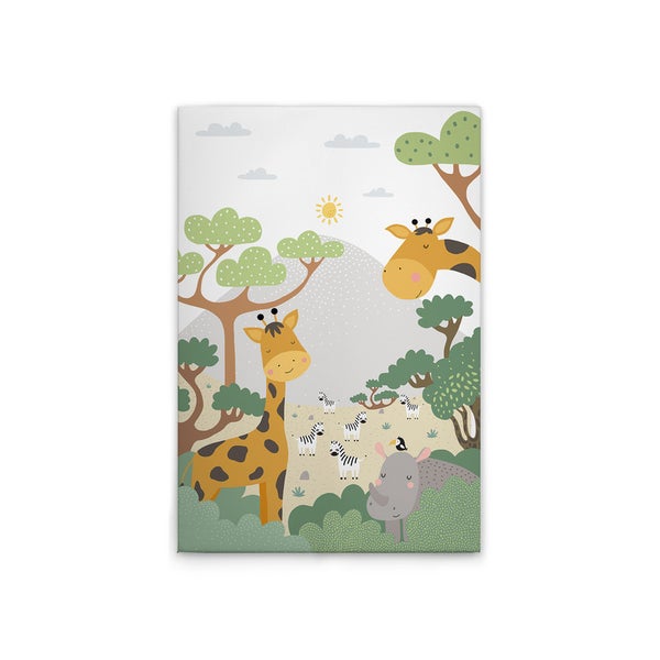 Illustration einer afrikanischen Savanne mit Giraffen, Zebras und einem Nashorn
