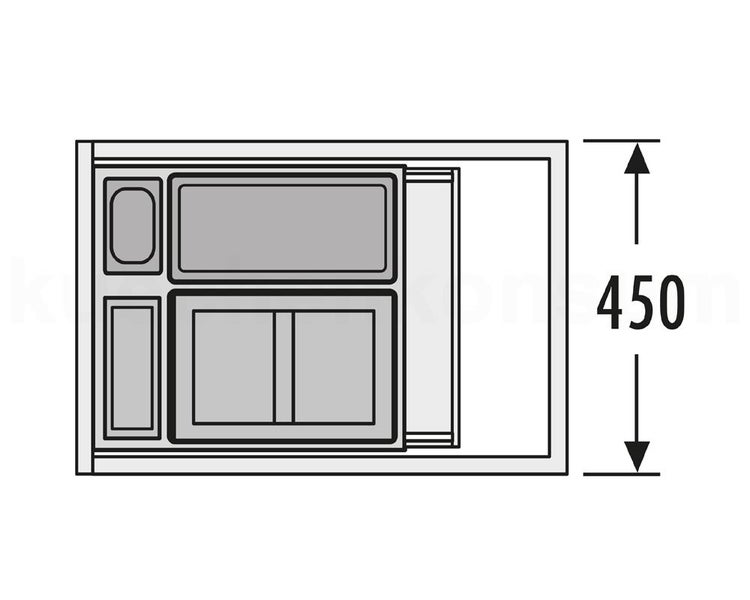Technische Zeichnung eines Abfalltrennsystems für Schubladen mit der Maßangabe 450.