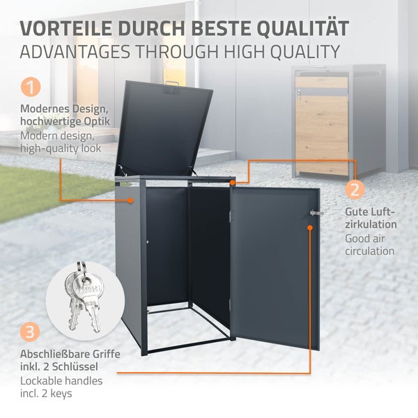 ML-Design Mülltonnenbox 1er für 1 Tonne 240L 68x80x116,3cm Anthrazit-Eichenoptik, Stahl, wetterfest, Abschließbare Mülltonnenverkleidung Klappdeckel/Tür, Müllbox Mülltonnecontainer Mülltonnenabdeckung