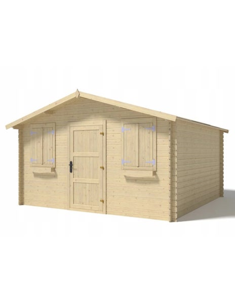 Technische Zeichnung mit Maßangaben eines Gartenhauses aus Holz mit Tür und zwei Fenstern in Vorderansicht, Seitenansicht und Grundriss.