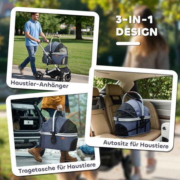 PawHut Hundewagen 3 in 1 Hundebuggy klappbar für Hunde & Katzen bis 10 kg Katzenbuggy mit Kissen Becherhalter Netzfenstern Türen Aufbewahrungskorb Katzenwagen Buggy Dunkelblau