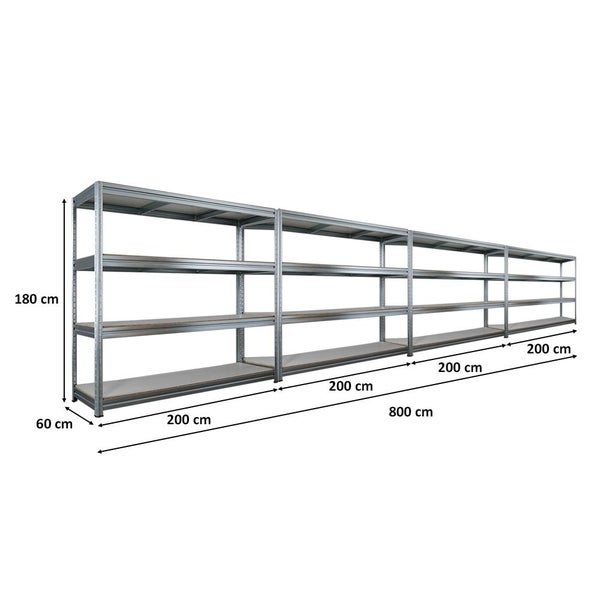 Langes, silberfarbenes Regalsystem mit mehreren Ablageflächen und Abmessungen.